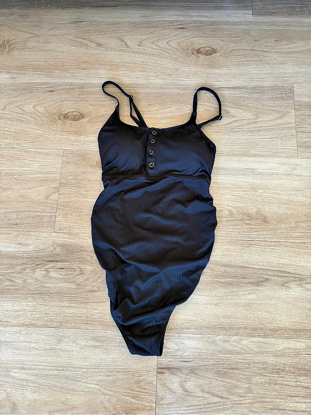 Black Ribbed Button-Front One-Piece